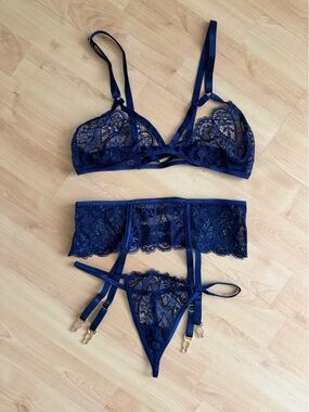 Navy Lace Bralette Thong & Garter Set